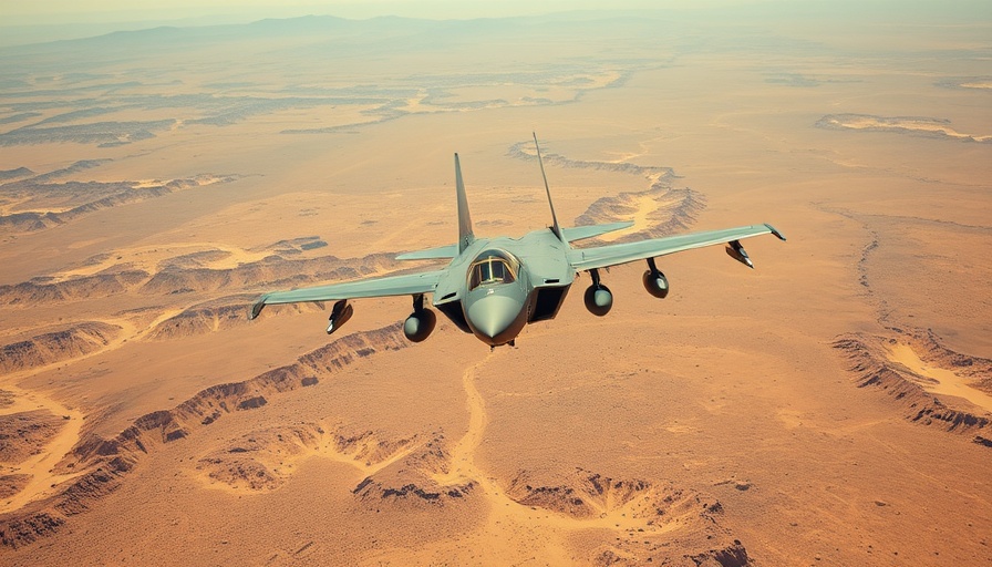 Military jet flying over desert under blue sky.