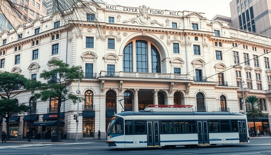 San Francisco Centre retail vacancies; vintage tram outside historic building.