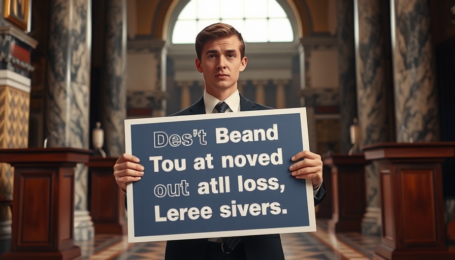 Young man holding sign about tax cuts in a formal setting.