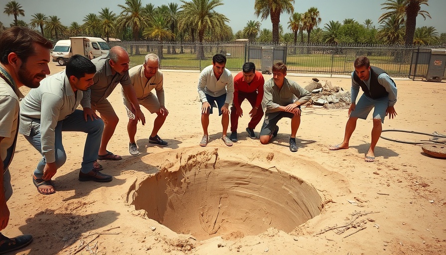 Men inspecting crater in Gaza after hospital strikes during daytime.