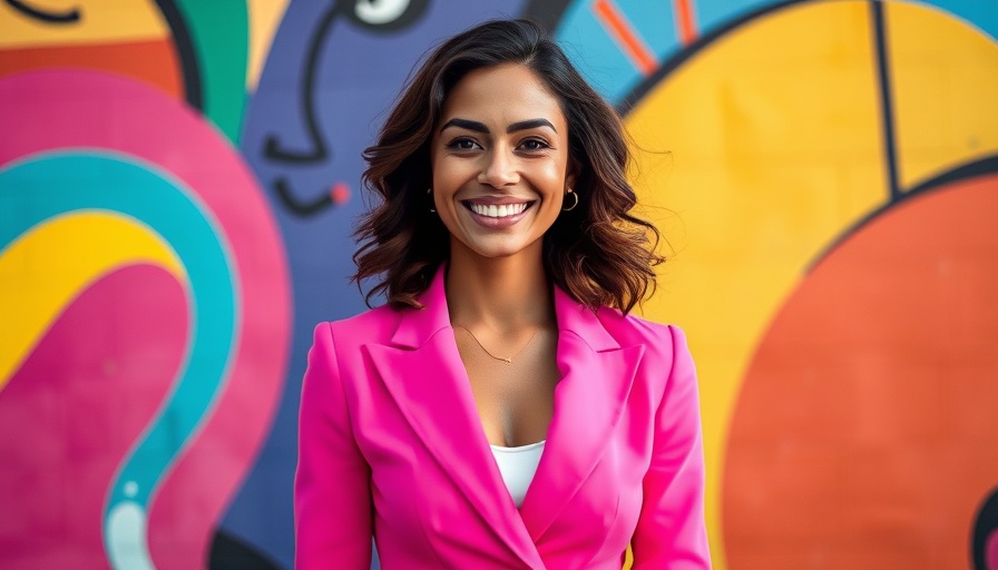 Elegant woman smiling against colorful abstract mural in bright pink blazer.
