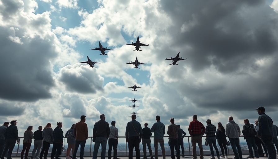 Military jets in formation over parade, observed by crowd, dynamic cloudy sky.