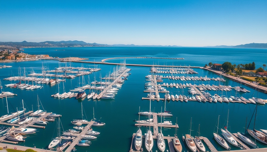 Serene marina with sailboats under blue sky near calm waters.