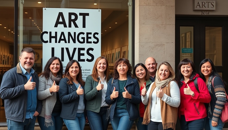 Group in front of art center poster, Bay Area arts funding cuts discussion.