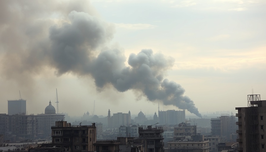Urban destruction with rising smoke in Israel military operation, Gaza.