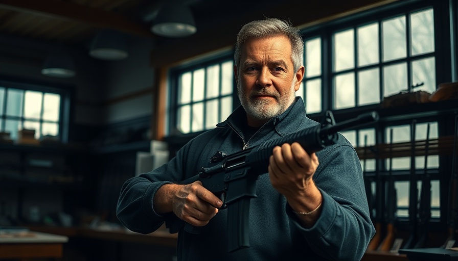 Gun ownership in Mexico: Man poses with rifle in shop, dim lighting.