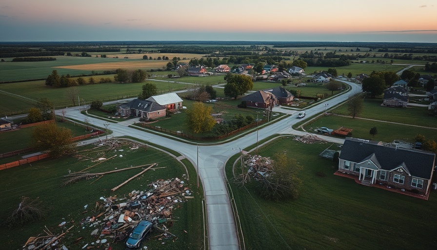 Kentucky tornado recovery aerial view, debris in neighborhood.