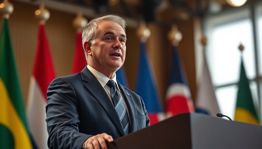 Man speaking at podium with flags in background, lifelike photo.