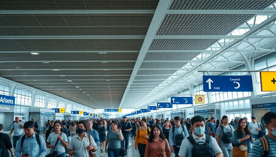 Busy airport terminal with travelers and overhead signs.