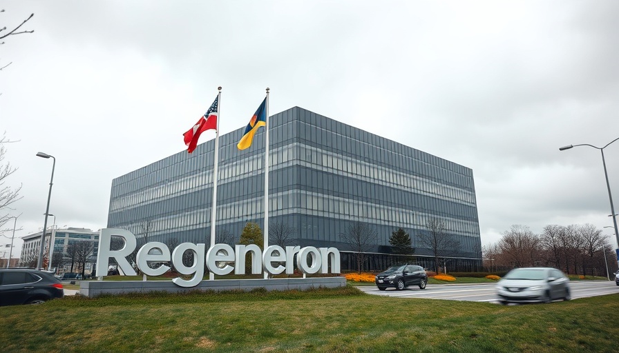 Regeneron corporate building with flags and passing cars.