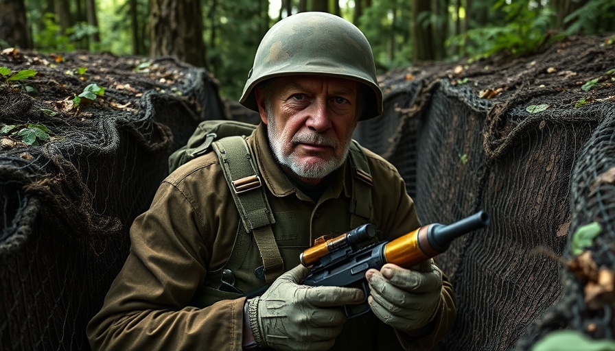 Soldier in trench holding ammunition in wooded area.