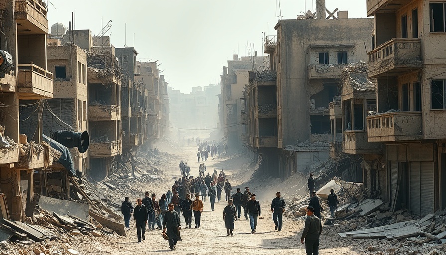 War-torn city showing conflict aftermath, people and vehicles amidst rubble, Israel Gaza Strategy.