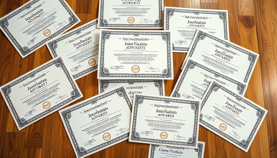 California Journalism Awards 2025 certificates on wooden floor.