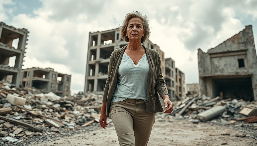 Determined woman walking past war-torn building in Ukraine.