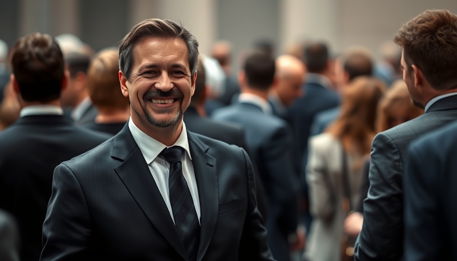 Smiling man in formal suit amidst group, Trump tariffs G7 tensions.