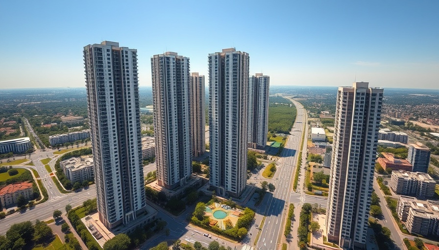 Aerial view of Parkmerced with residential towers and green spaces.