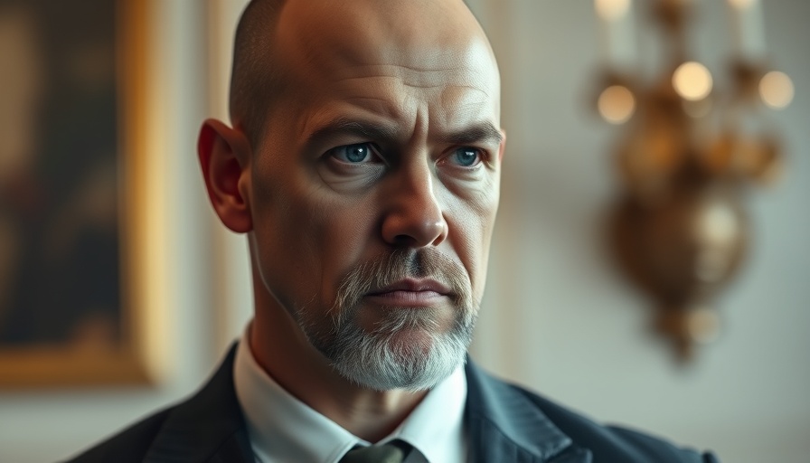 Serious bald man in suit discussing spending cuts in formal setting.