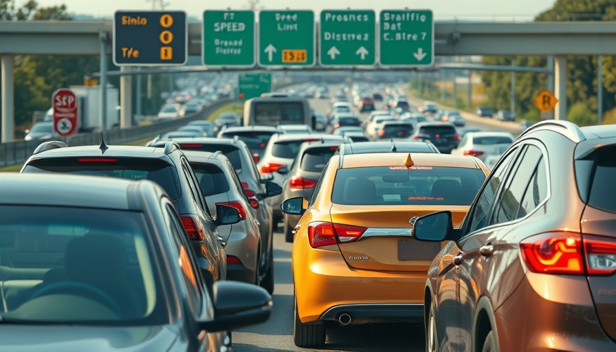 Traffic congestion at freeway exit with diverse cars under speed limit signs.