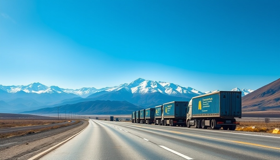 Transport trucks on Alberta highway with mountain backdrop