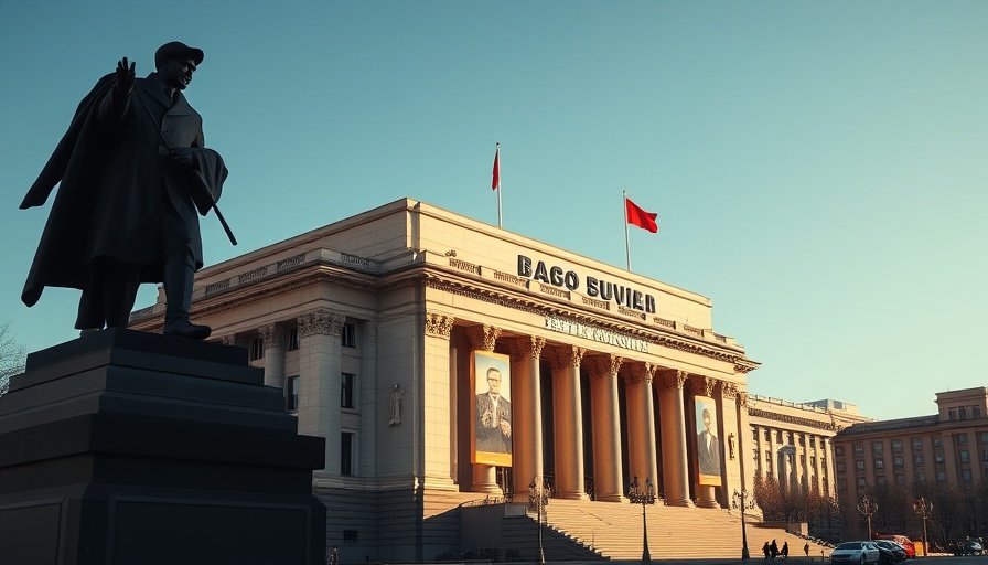 Historic Soviet building, silhouette, iconic posters, K.G.B. spies.