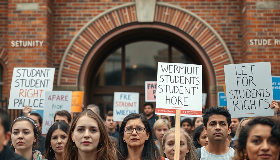 Protesters advocate for international students' visa rights outside brick building.