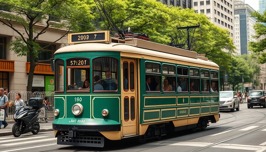 Vintage green and cream streetcar in San Francisco on a sunny day with cityscape.