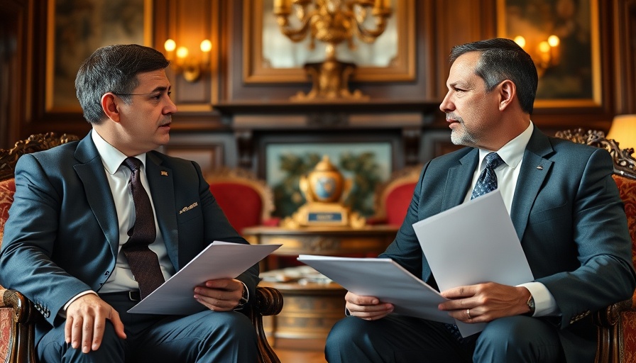 Serious discussion in opulent office with documents, warm lighting.