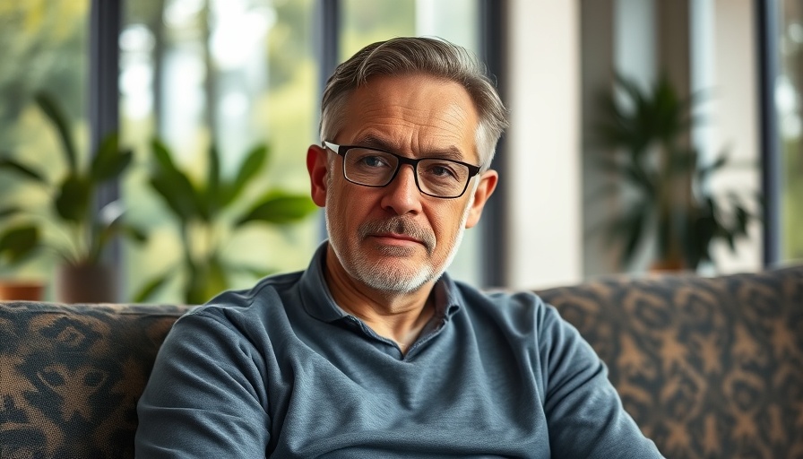 Thoughtful man seated indoors in white, large windows background.