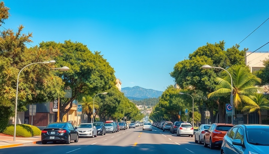 Wide urban street scene in San Francisco with distant hills.