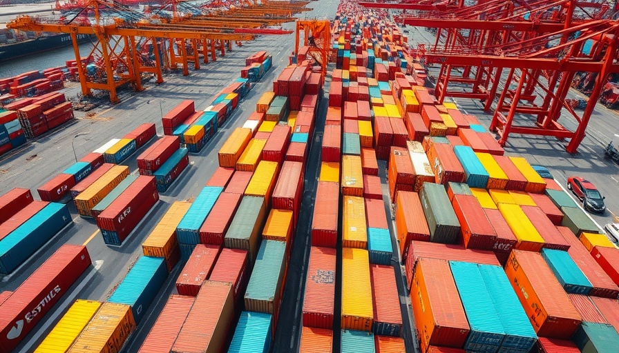 Aerial view of colorful shipping containers at port, symbolizing trade implications of Trump 50 percent tariff on Europe.