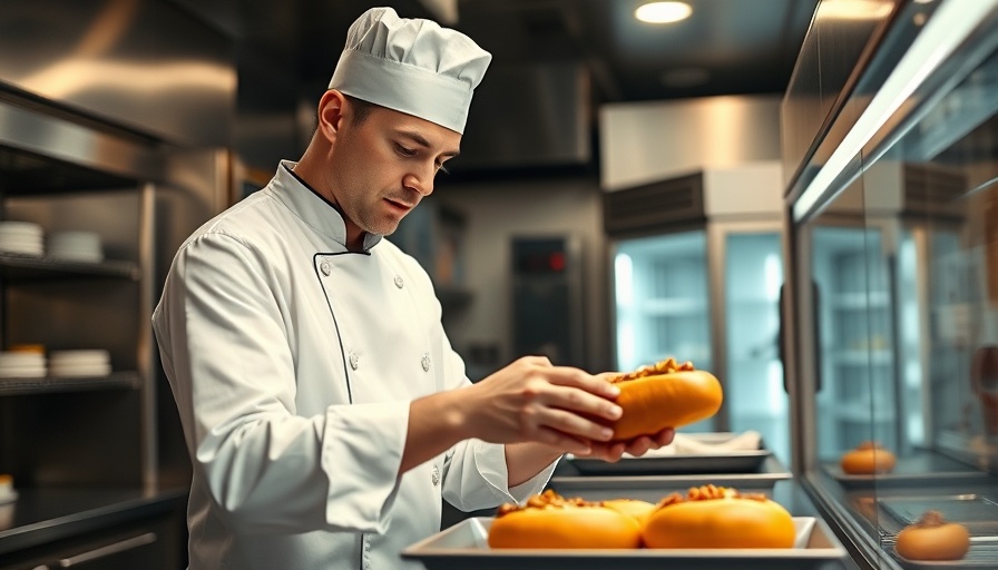 Chef preparing hot dogs in Ukraine at a modern kitchen.