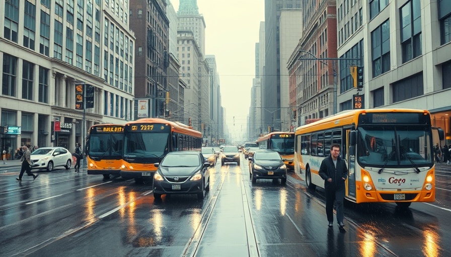 Busy San Francisco street scene with vehicles and rain.
