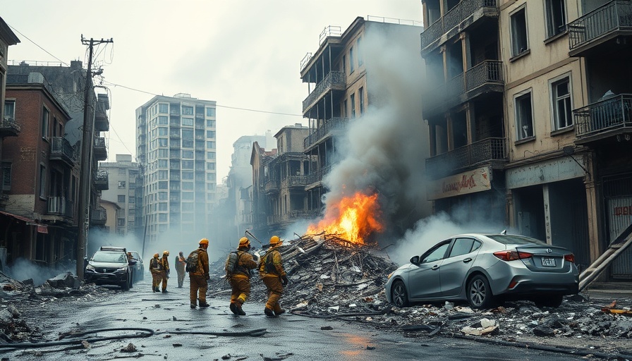 Firefighters amidst destruction following Russia air strike in Ukraine, May 2025.