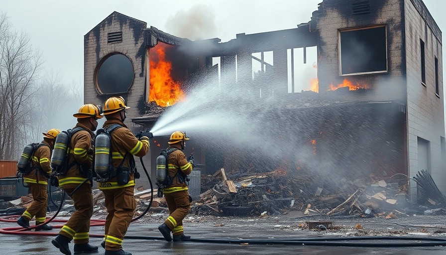 Firefighters tackling building ruins amidst smoke and debris