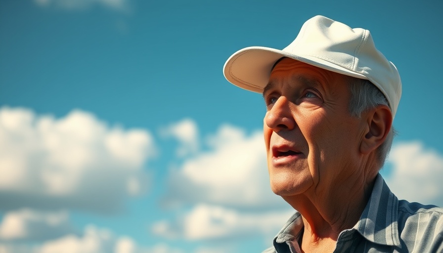 Man speaking wearing a white cap, sky in the background.