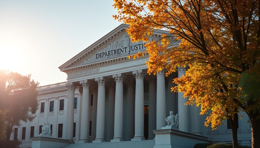 Facade of the Department of Justice building during fall related to Texas Doctor Fraud Case.