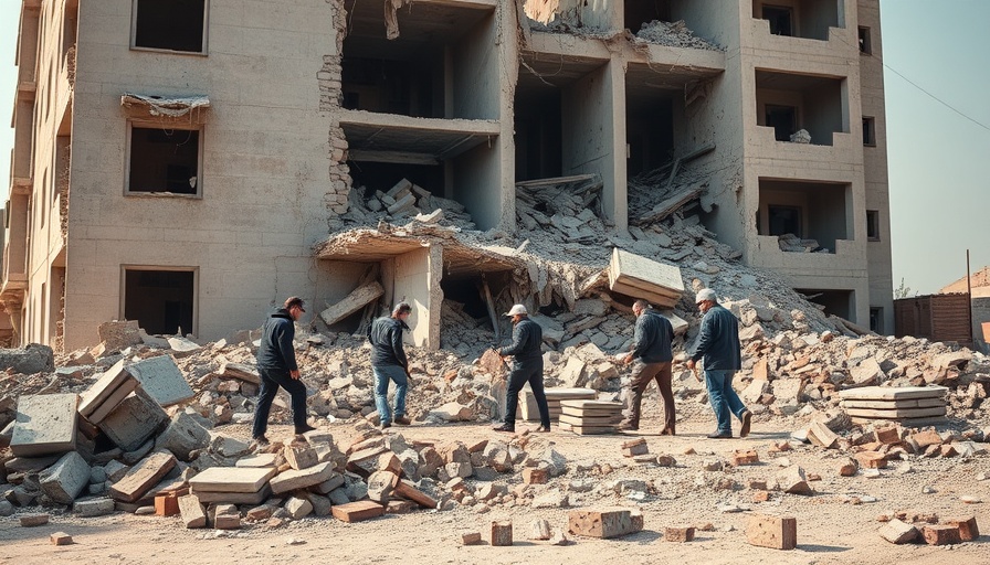 Damaged building with debris clearing after Ukraine attacks.
