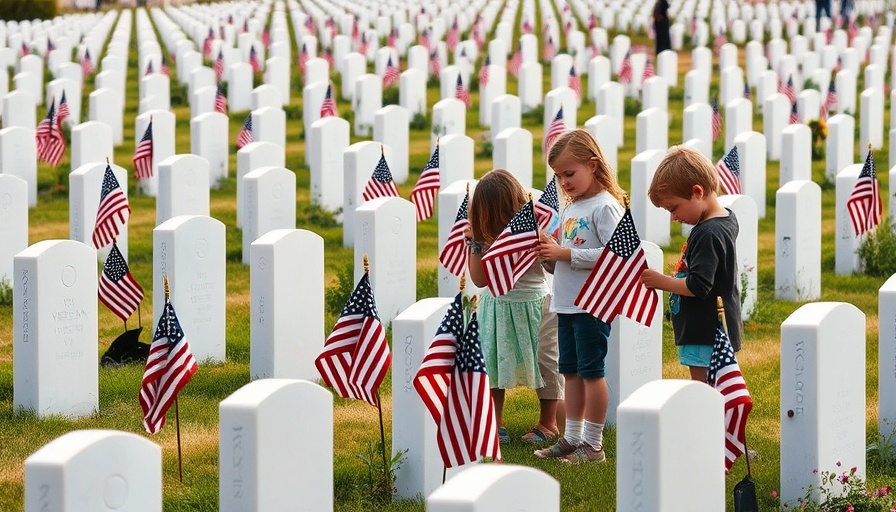 Children placing American flags on Memorial Day in a cemetery.