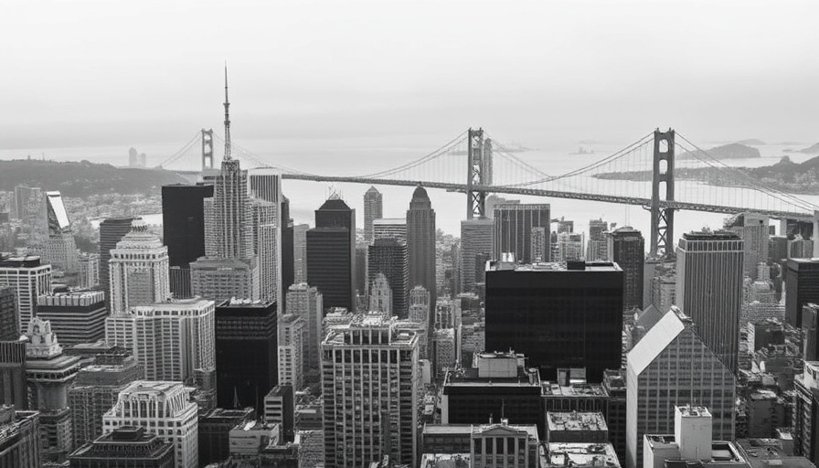 Monochrome San Francisco skyline with text overlay.