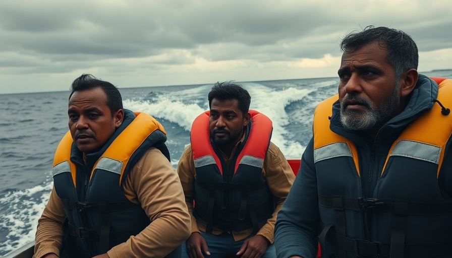 Venezuelan migrants in a boat on the ocean under an overcast sky.