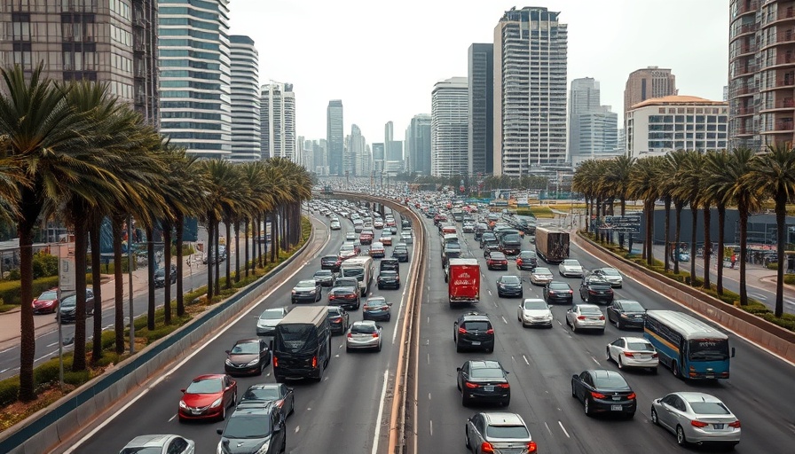 Dense traffic on Los Angeles highway relating to California E.V. mandates and Republican vote.