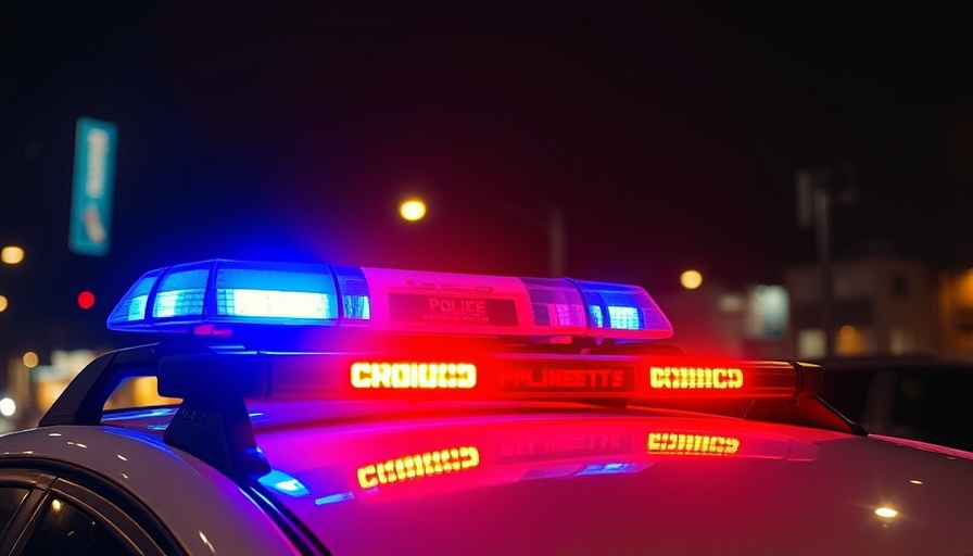 Police car with flashing lights at night, highlighting urgency.