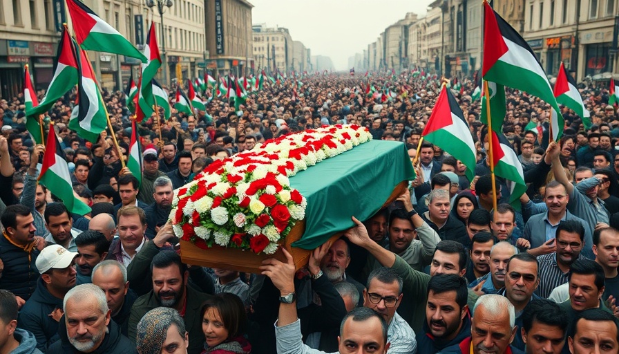 Mourners carry Palestinian flag-draped coffin at funeral procession.