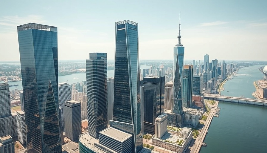 Aerial view of skyscrapers near water, urban cityscape.