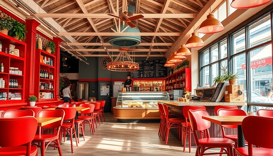 Charming San Francisco cafe with red chairs and open counter.