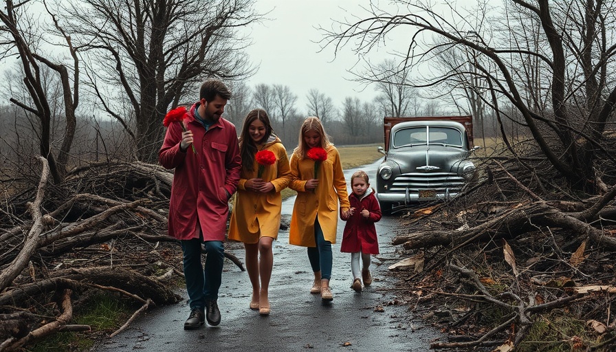 Family walks through rural debris holding flowers, owner of Toronto company arrested.