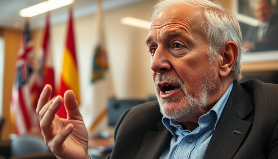 Elderly man speaking intensely in a formal office setting.