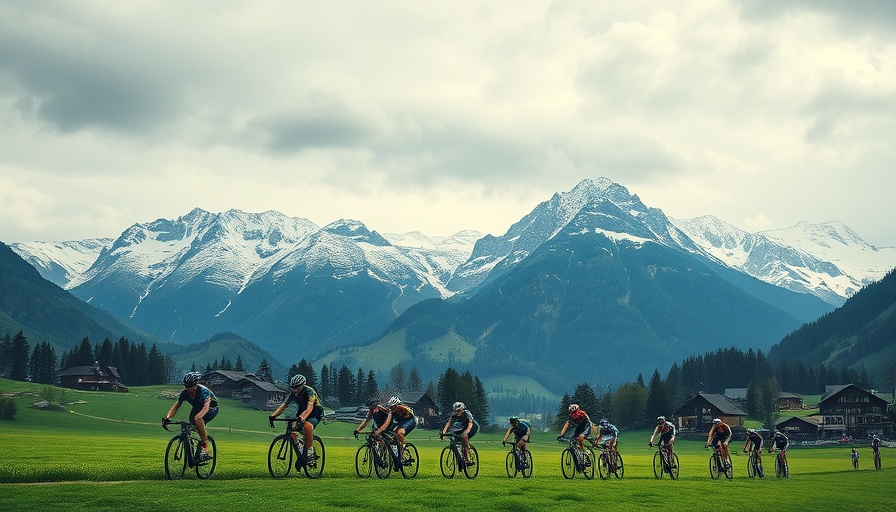 Swiss village cyclists race with backdrop of snow-capped mountains.