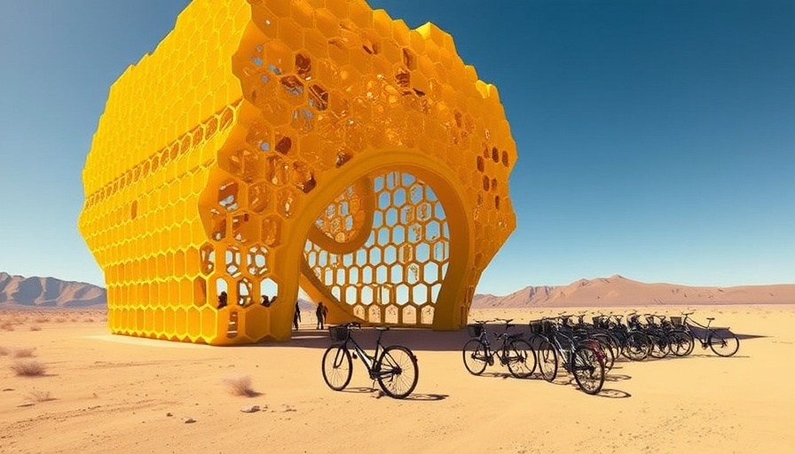 Honeycomb art installation at Burning Man, desert setting with bicycles.