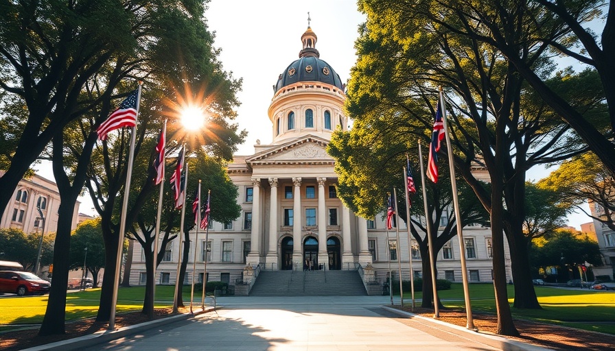 San Francisco City Hall reflecting job cut concerns with flags waving.